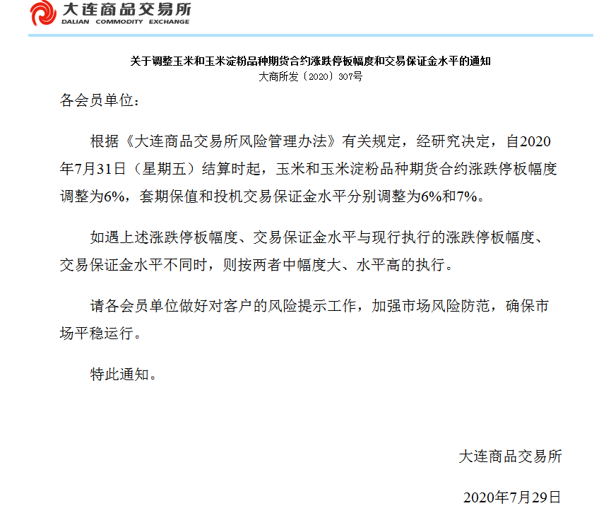 【转发】关于调解玉米和玉米淀粉品种期货合约涨跌停板幅度和生意包管金水平的通知